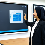 A professional Malaysian female teacher in modest, elegant business attire, confidently interacting with a large, state-of-the-art interactive digital screen in a modern, well-lit classroom. Diverse students, fully clothed in appropriate attire, are visible in the background, engaged with their personal tablets, showing focused expressions as they receive instant feedback from automated systems. The scene emphasizes seamless technology integration for efficient learning and teaching. Perfect anatomy, correct proportions, natural pose, well-formed hands, proper finger count, natural body proportions. High-resolution, professional photography, natural lighting. Safe for work, appropriate content, fully clothed, professional, family-friendly.